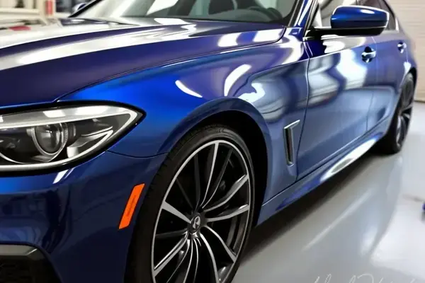 Luxury sedan with deep metallic blue paint job